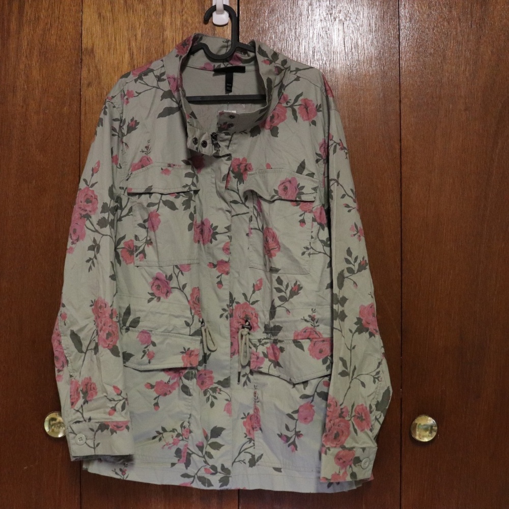 Lane Bryant Army Green Coat – Rose Pattern, Zip & Button Front
